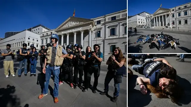 ispanyada bu kez foto muhabirleri israili protesto etti celik yelek ve kasklarla eylem gerceklestirdi D9UBEB4w